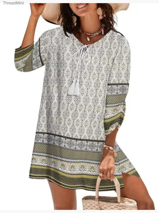 Rayon Boho Floral Mini Dress 3/4 Sleeve Tassel Tie Neck Casual Beach - Picture 2 of 7